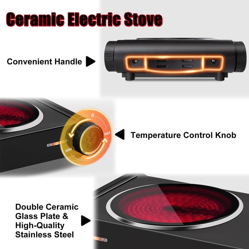 CUSIMAX لوحة ساخنة للطهي، 1800 واط موقد مزدوج بالأشعة تحت الحمراء، موقد كهربائي محمول مع تحكم في درجة الحرارة القابلة للتعديل، لوحة ساخنة من الزجاج السيراميكي للمبيت والمكتب والمنزل والتخييم، ستانلس ستيل أسود - Image 3